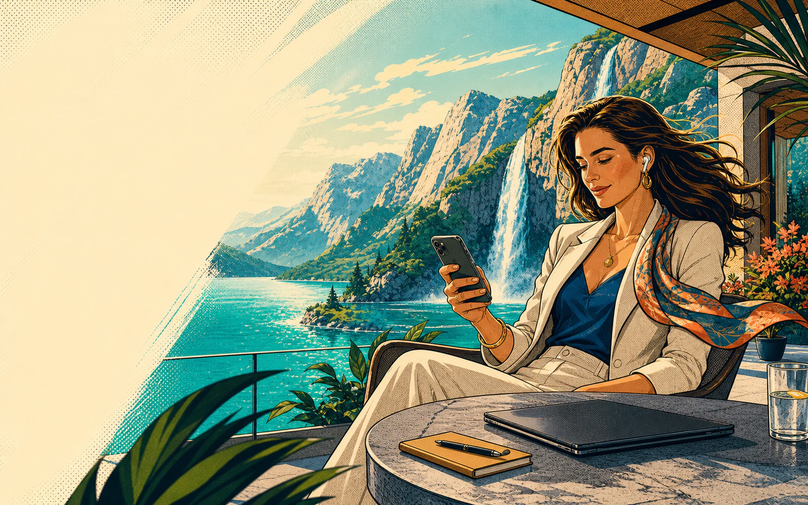 An advisor uses Dialtone on her phone from a private terrace overlooking a mountain lake