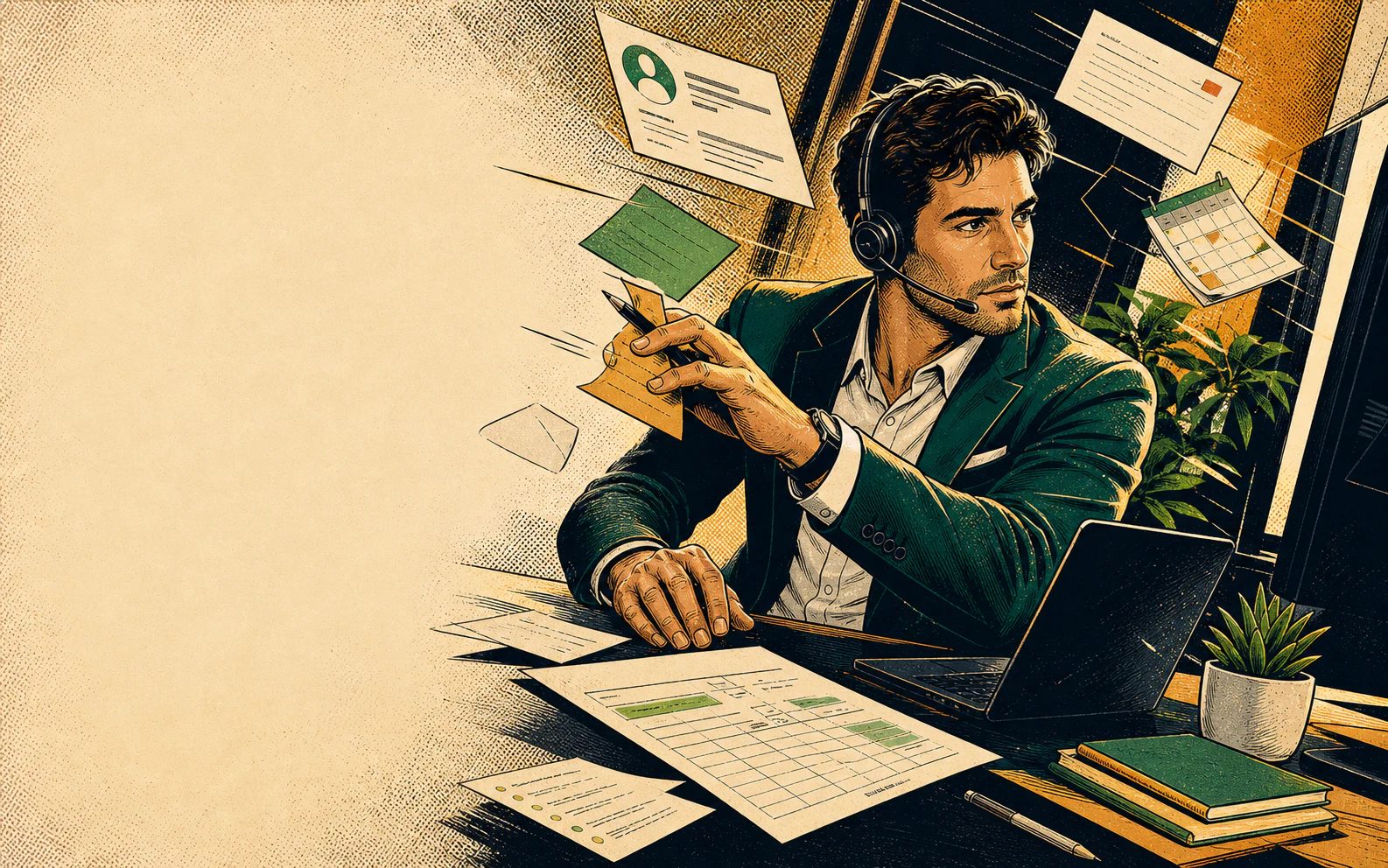 An advisor tries to manage one call while the result, note, calendar, email, and next lead pull his attention in different directions