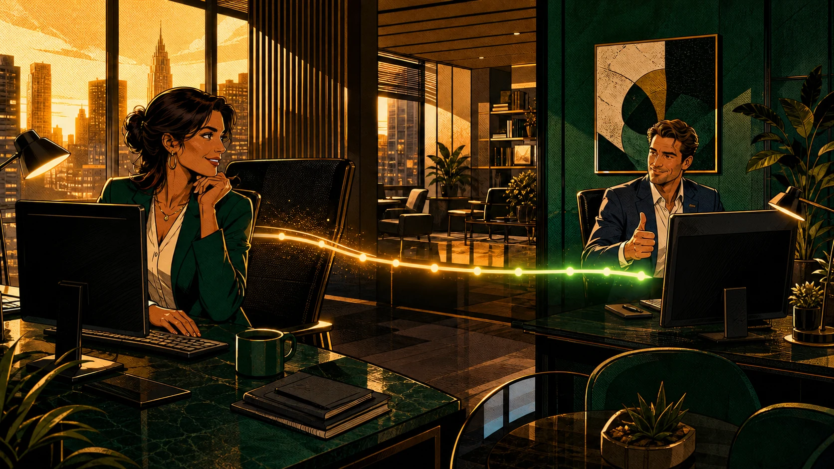 Two colleagues coordinate a change in work ownership from separate desks