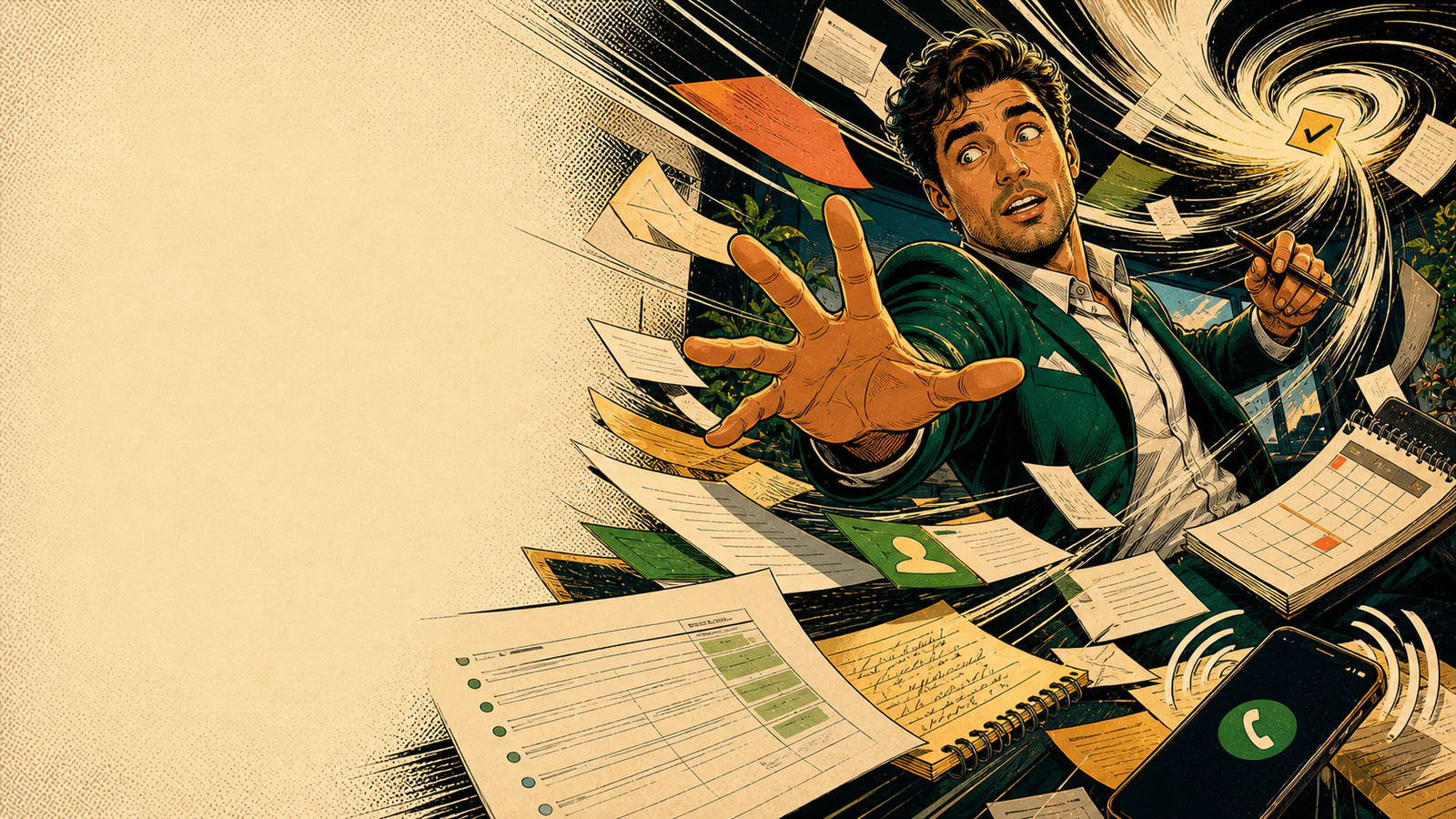 An advisor reaches through a dramatic storm of scattered notes, reminders, calendars, and follow-ups to keep one call moving