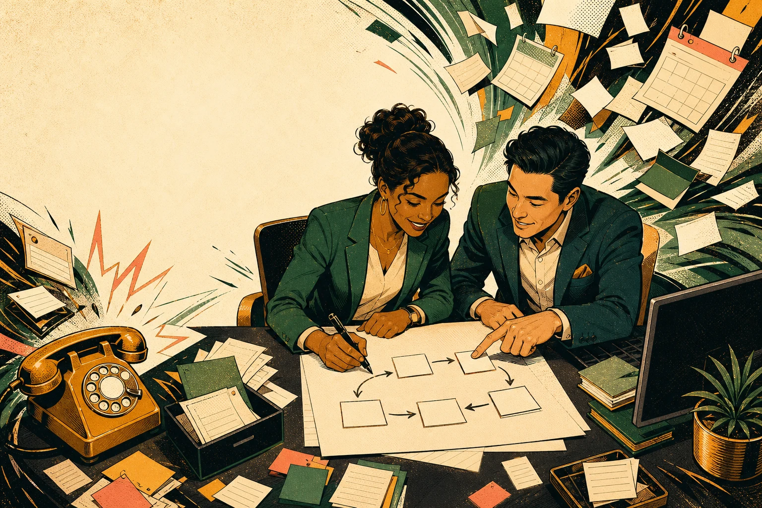 Two financial advisors design one clear prospecting workflow while scattered notes, calendars, and follow-ups swirl around them