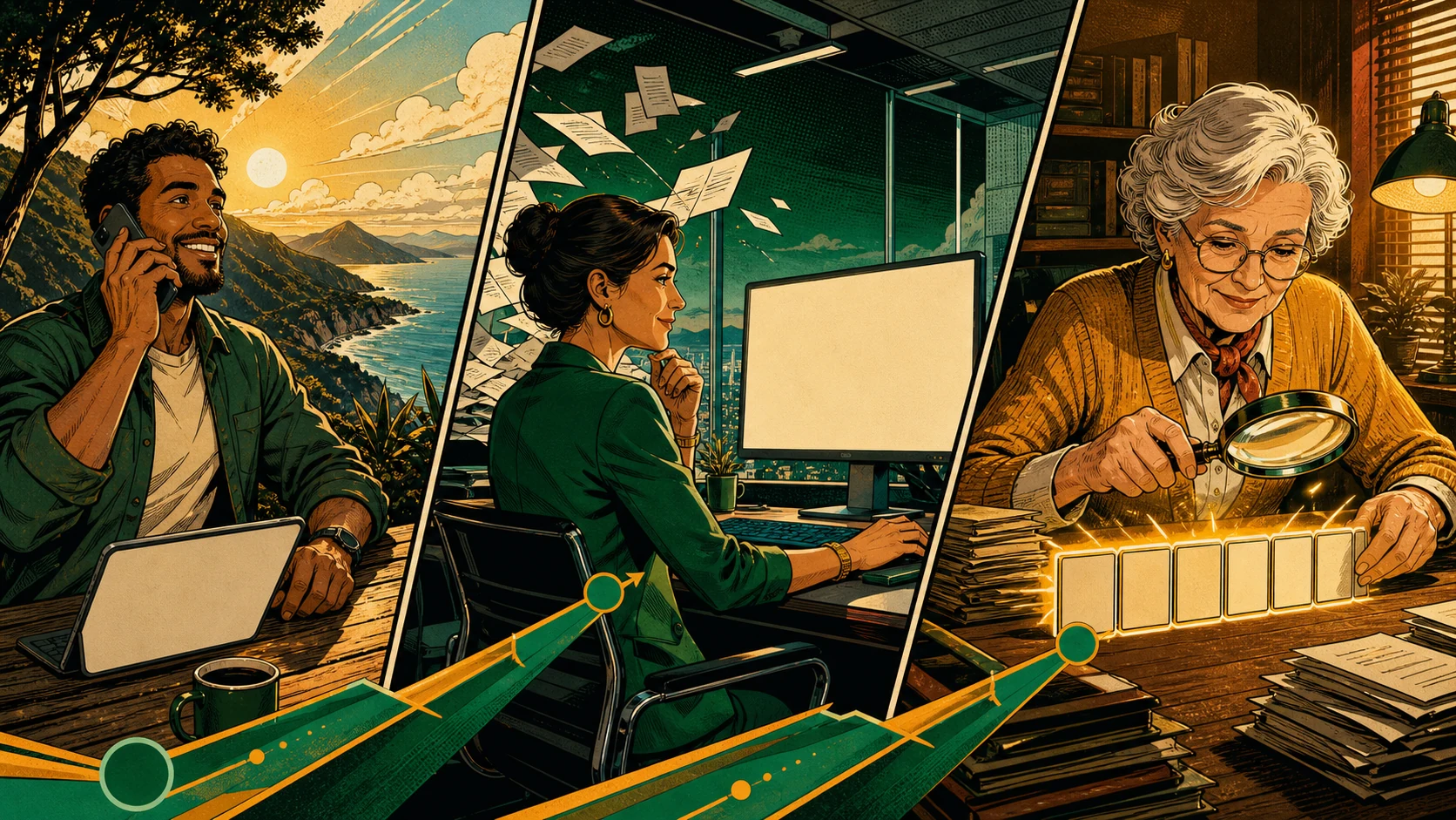 A caller works from a scenic overlook, a team leader reviews a clear work screen, and an experienced compliance reviewer aligns the evidence behind a call