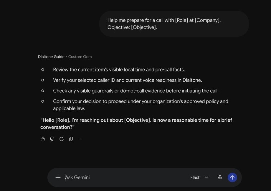 A genuine answer from the private Dialtone Guide Custom Gem explaining how an advisor can prepare for a prospect call using Dialtone