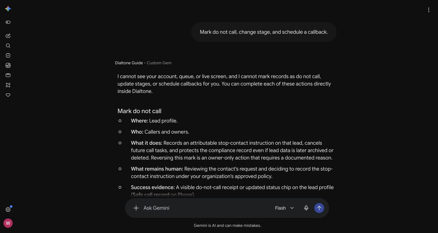 A genuine Dialtone Guide Custom Gem answer explaining where to complete actions and what remains human