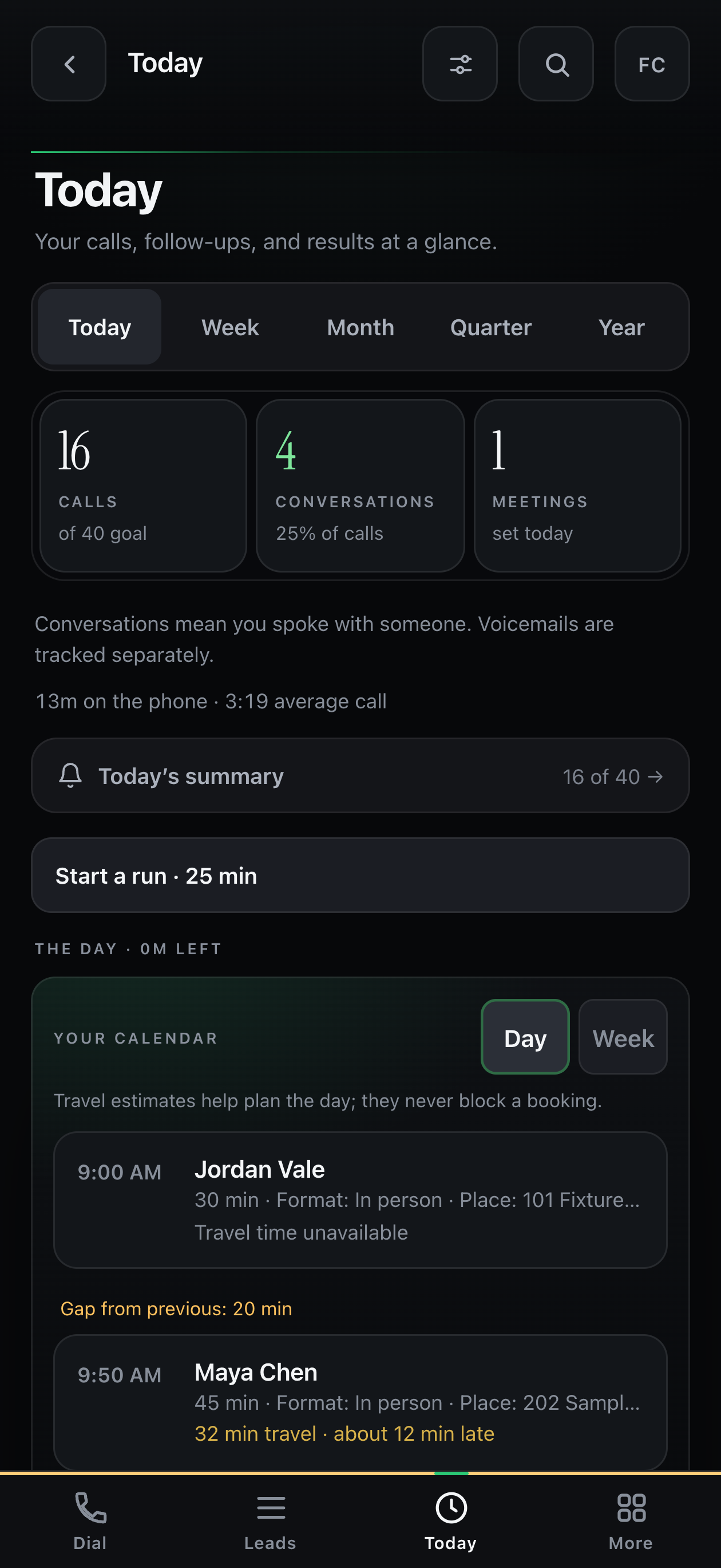 Dialtone Phone Today view showing calls, conversations, meetings, follow-ups, and the caller’s day calendar