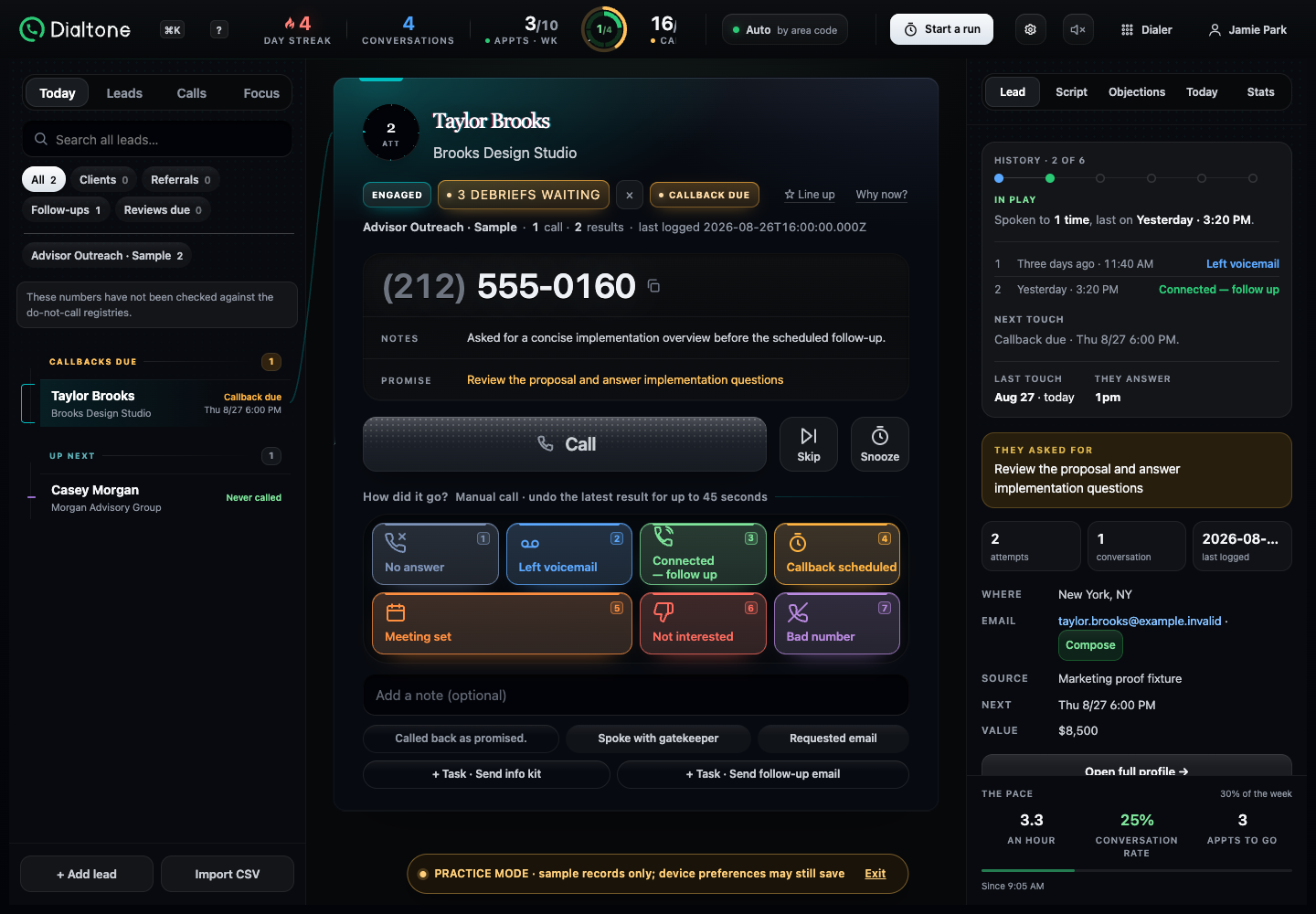Dialtone Desktop call-ready view showing the queue, lead context, results, notes, follow-up actions, and recorded pace