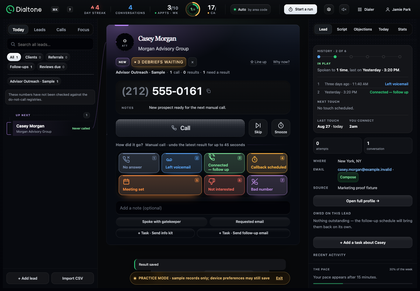 Dialtone Desktop after the queue advances to Casey Morgan, with the Result saved confirmation visible