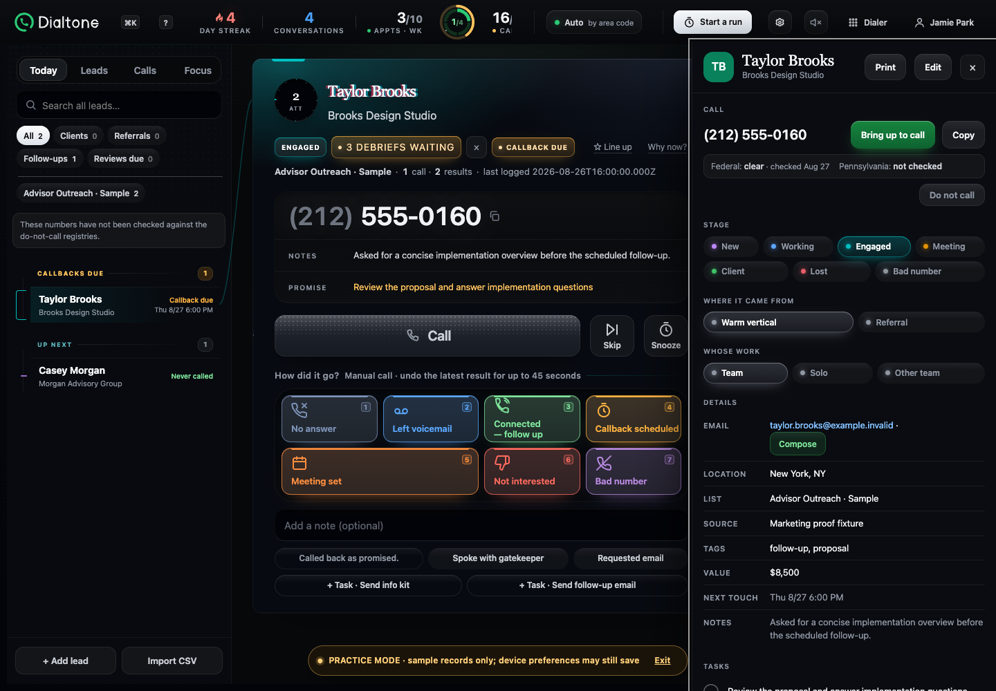 Dialtone Desktop lead profile showing stage, source, assigned work, notes, tasks, next touch, and recent call context beside the active queue