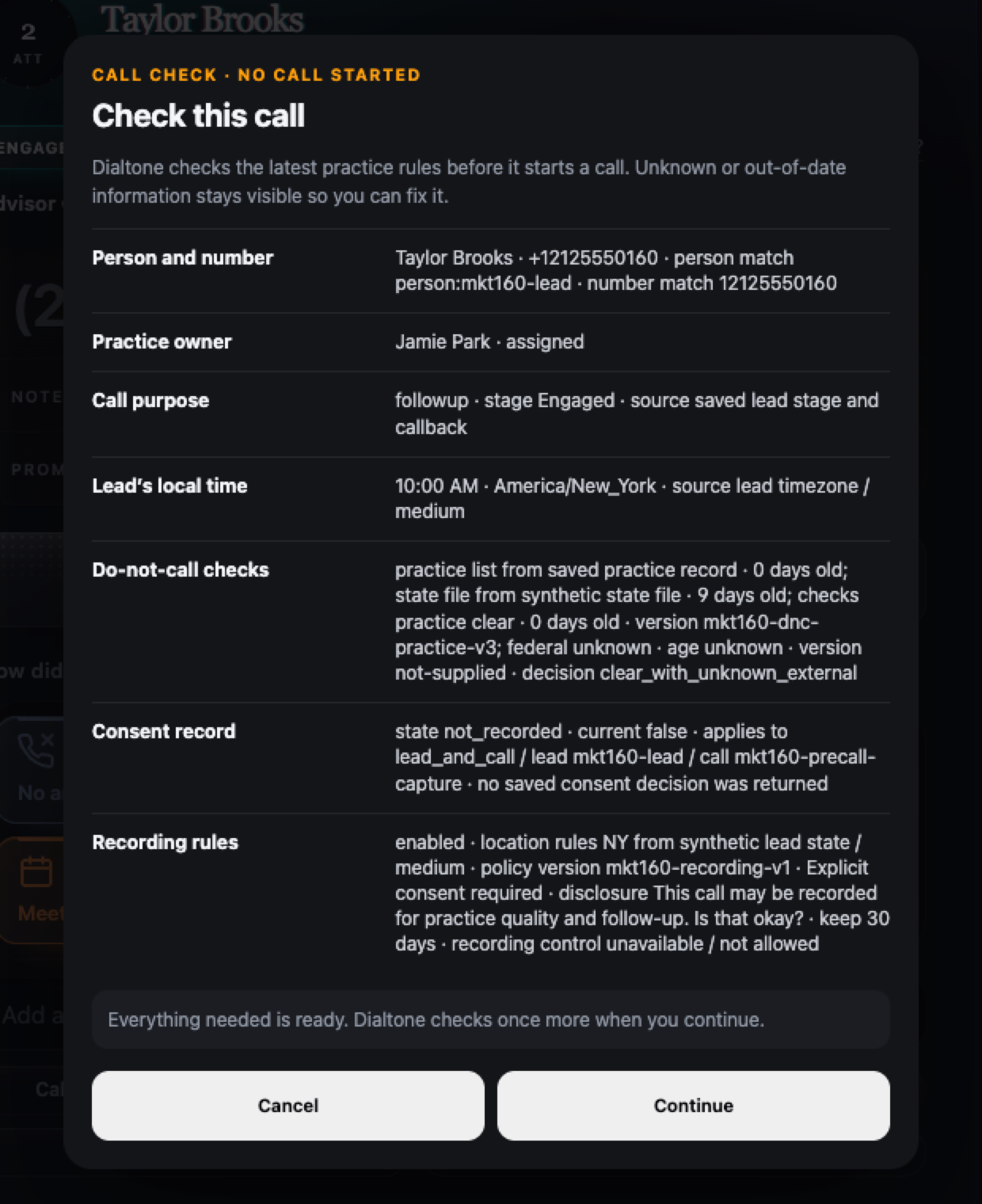 Focused Dialtone pre-call review listing the person and number, practice owner, purpose, local time, do-not-call checks, consent record, and recording rules