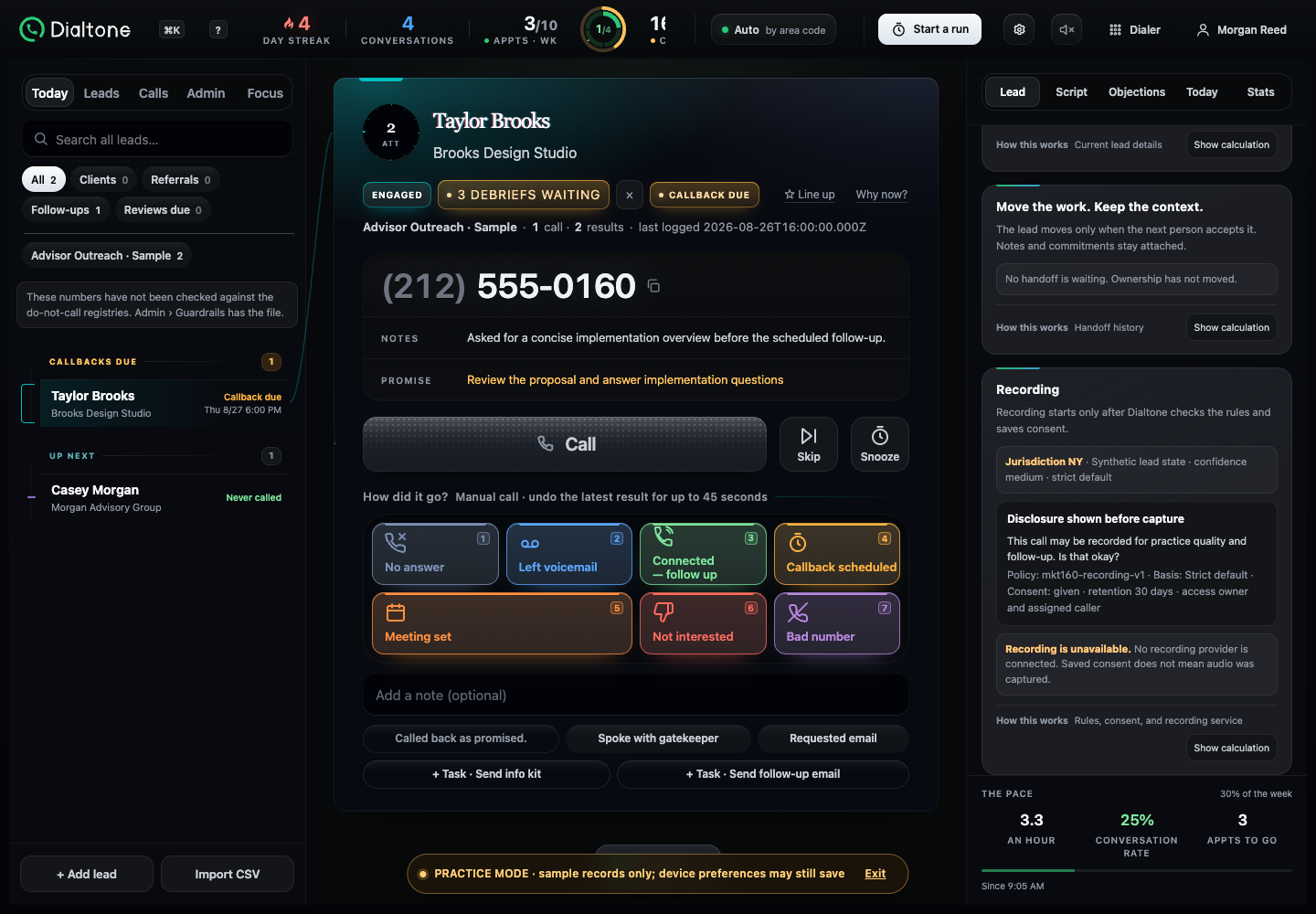 Dialtone call-ready view showing an NY jurisdiction inferred from a synthetic lead state at medium confidence, the disclosure, saved consent information, and a clear recording-provider unavailable state
